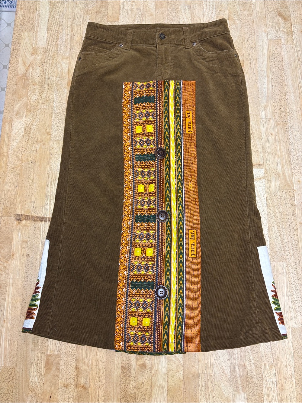 dELiA*s Upcycled Corduroy Dashiki Patchwork Maxi Skirt 3/4 Brown Boho Y2K Flare